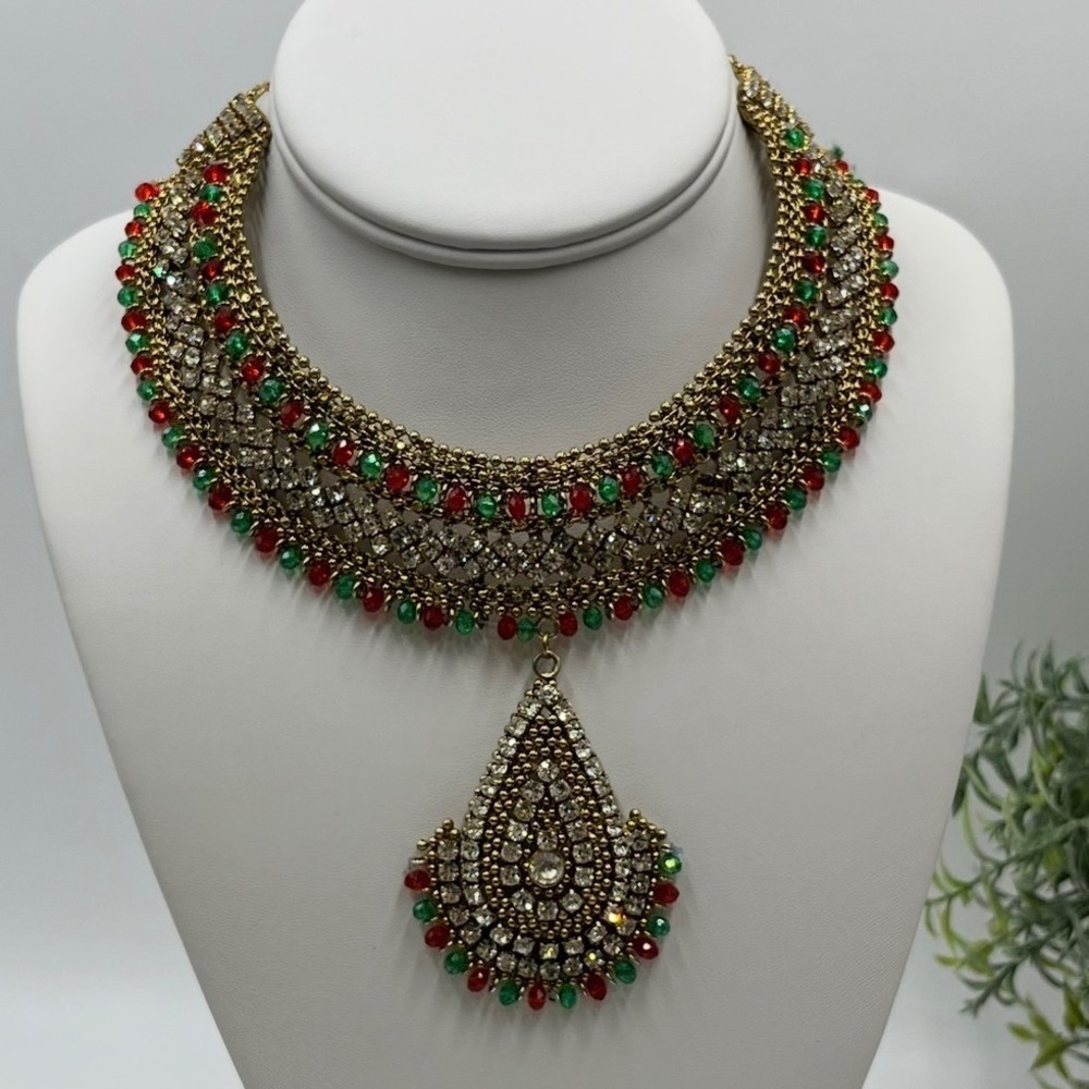 Indian‎ Antique Gold CZ Ruby Emerald Pendant Dori Bridal Ethnic Choker Necklace